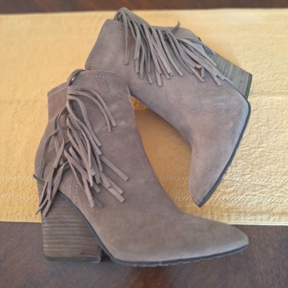Isola Festival Fringed Suede Leather Ankle Heeled Boots Taupe Brown 6